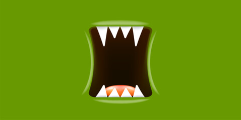 Vector Cartoon wide open monster mouth with fangs isolated on green background. Funny and cute violet Halloween Monster open mouth with big white teeth and pink tongue