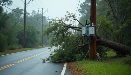 Aftermath of hurricane with fallen tree on power lines blocking road. Transformer on utility pole storm impact on electric infrastructure, power disruption, grid damage. Weather disaster caused