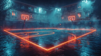 Neon-lit basketball court at night with glowing lines, surrounded by an eerie urban backdrop