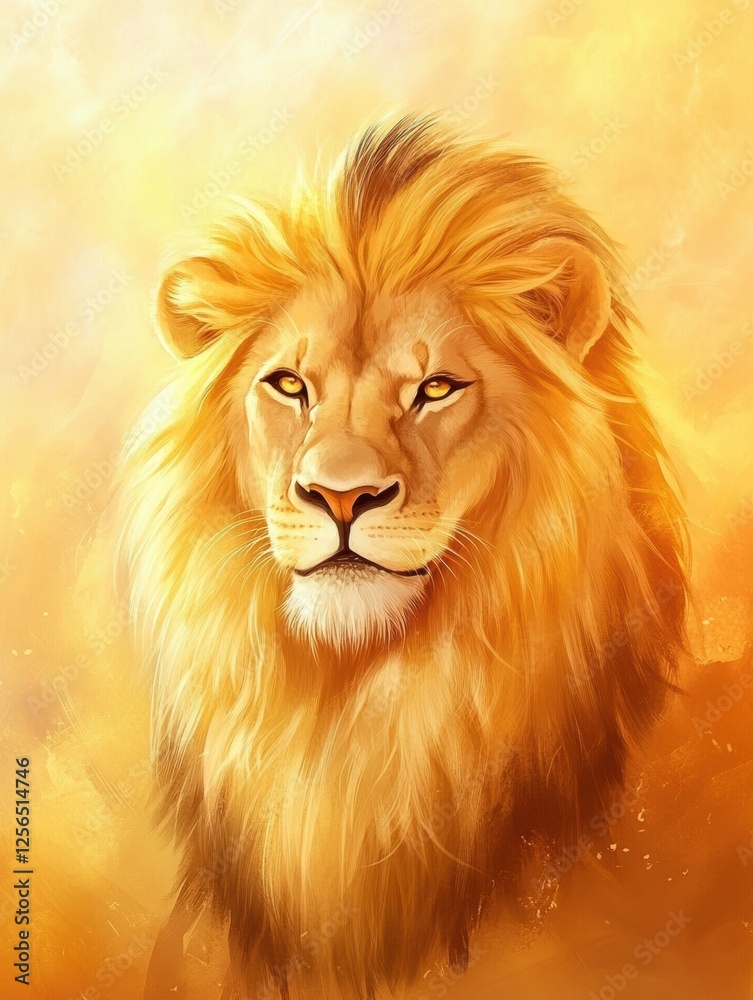 Poster Majestic lion portrait with golden mane glowing in sunset light, perfect for adding custom text. Generative AI