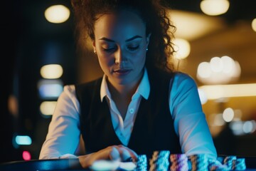 Hispanic female croupier handling casino chips in dimly lit gaming room