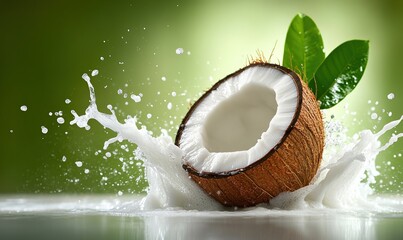 Fresh coconut splashes milk with green leaves in a vibrant setting