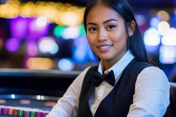 Obraz premium Asian female casino dealer smiling at roulette table in vibrant casino setting