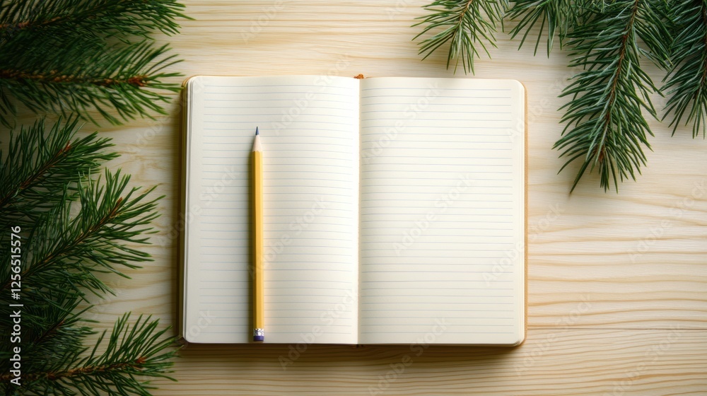 Leinwandbilder open notebook with pencil on bright wooden desk with space for thoughts and ideas during winter time