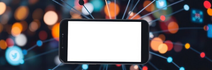 A mockup of a smartphone displaying a social media post with customizable text and image, digital marketing, advertisement, network