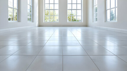 Bright empty room with tiled floor, large windows, and garden view; real estate listing