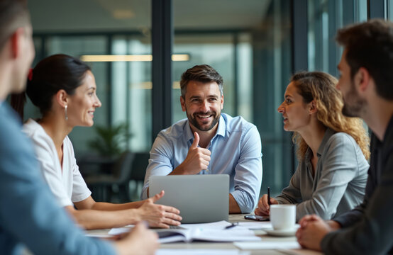Team sits at boardroom table. Man shows thumbs up during project strategy briefing, discussion. Diverse happy employees at corporate workplace enjoy teamwork collaboration during meeting,