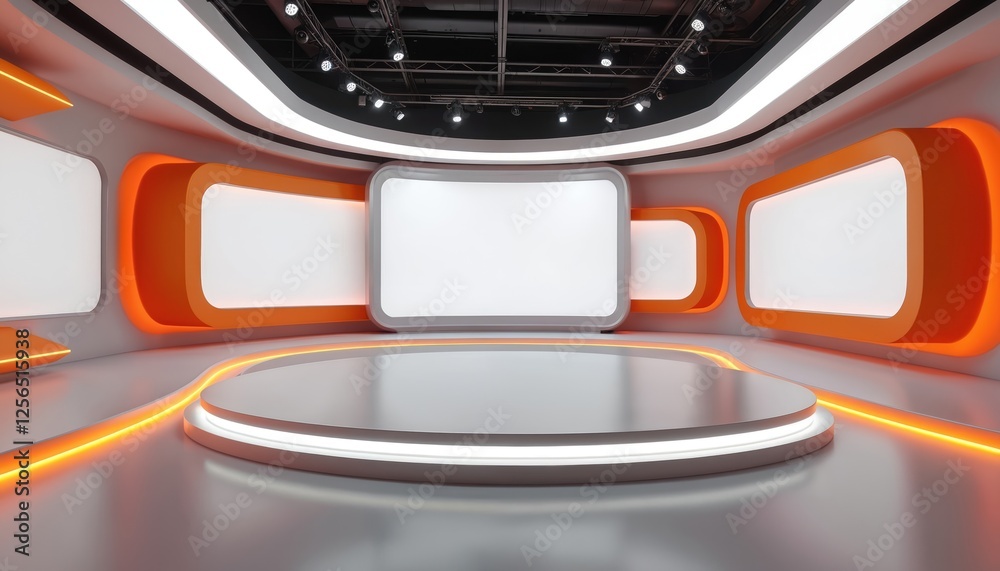 Poster modern tv studio background. virtual set for online shows, live events. 3d rendering backdrop on vr 
