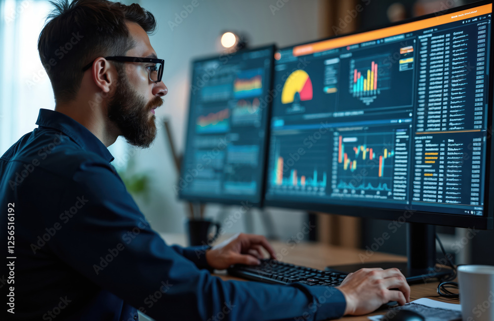 Aufkleber manager reviews system logs, performance, data on large desktop screen. System administrator monitoring datum, tech infrastructure, coding, typing keyboard, troubleshooting problems. Engineer