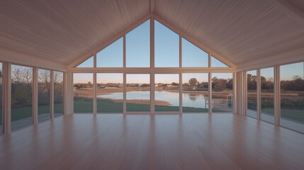 Fototapeta premium Lakeside House Interior Vast windows, sunset view, empty room, real estate