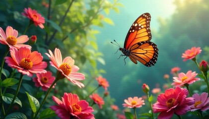 Obraz premium Soaring butterfly amidst colorful flowers, wildlife, yellow gradient