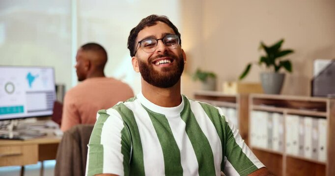 Happy, pride and face of man in office with new job for software development career. Confident, portrait and male frontend developer with online UX design for interface prototype in workplace.