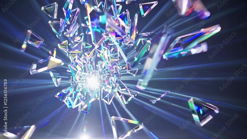 Poster iridescent triangular glass prisms rotating and reflecting light, generating mesmerizing geometric v