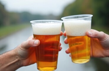 Two plastic cups filled golden beer clinking in man woman hands outdoor. Friends celebrate together holiday, enjoying refreshing drinks. Toast friendship, leisure time, cheerful mood bonding over