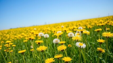 Obraz premium Bright and sunny field filled with vibrant yellow dandelion flowers under a clear blue sky, serene, dandelions, field
