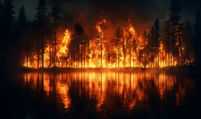 Fototapeta premium Forest ablaze at night with fiery reflections in the still water creating a dramatic scene
