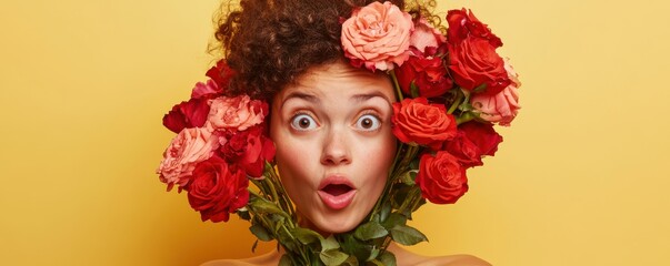 Naklejka premium Surprised young african female with roses against yellow background