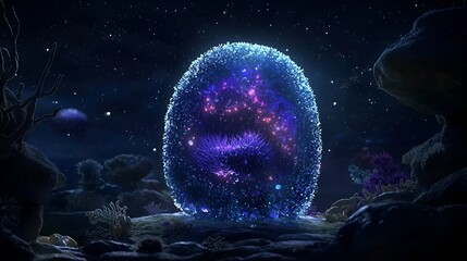 Glowing egg nebula in space, night landscape, magical scene, fantasy art, possible use for wallpaper, prints, books, games, movies
