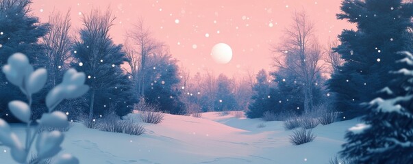 Naklejka premium Serene winter landscape with snowfall at sunset in pink hue