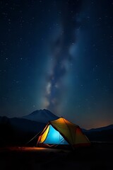 image d'une tente install&eacute;e pour faire du camping &agrave; l'ext&eacute;rieur sous un ciel sans aucun nuage et tr&egrave;s &eacute;toil&eacute;