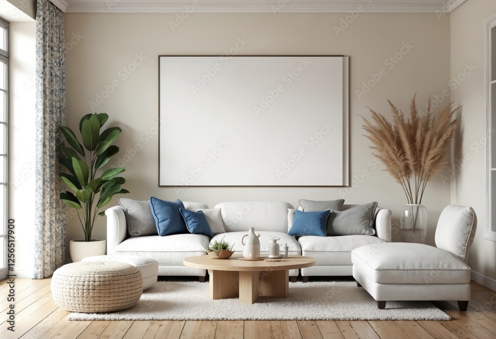 Wall mural Cozy living room design with white walls in coastal style home interior. White couch with pillows, wooden table and plants. Blank canvas frame template for art, photo, advertising.