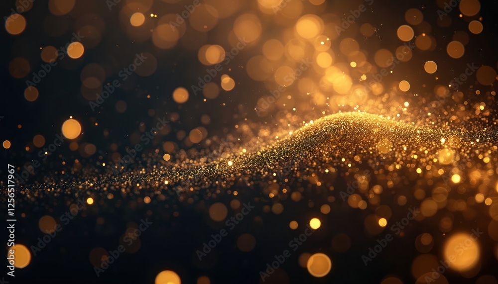 Poster Golden glowing dust particles background. Shiny glitter confetti and bokeh sparkles texture effect with black backdrop for banner, poster, presentation. Luxury festive celebration card template.