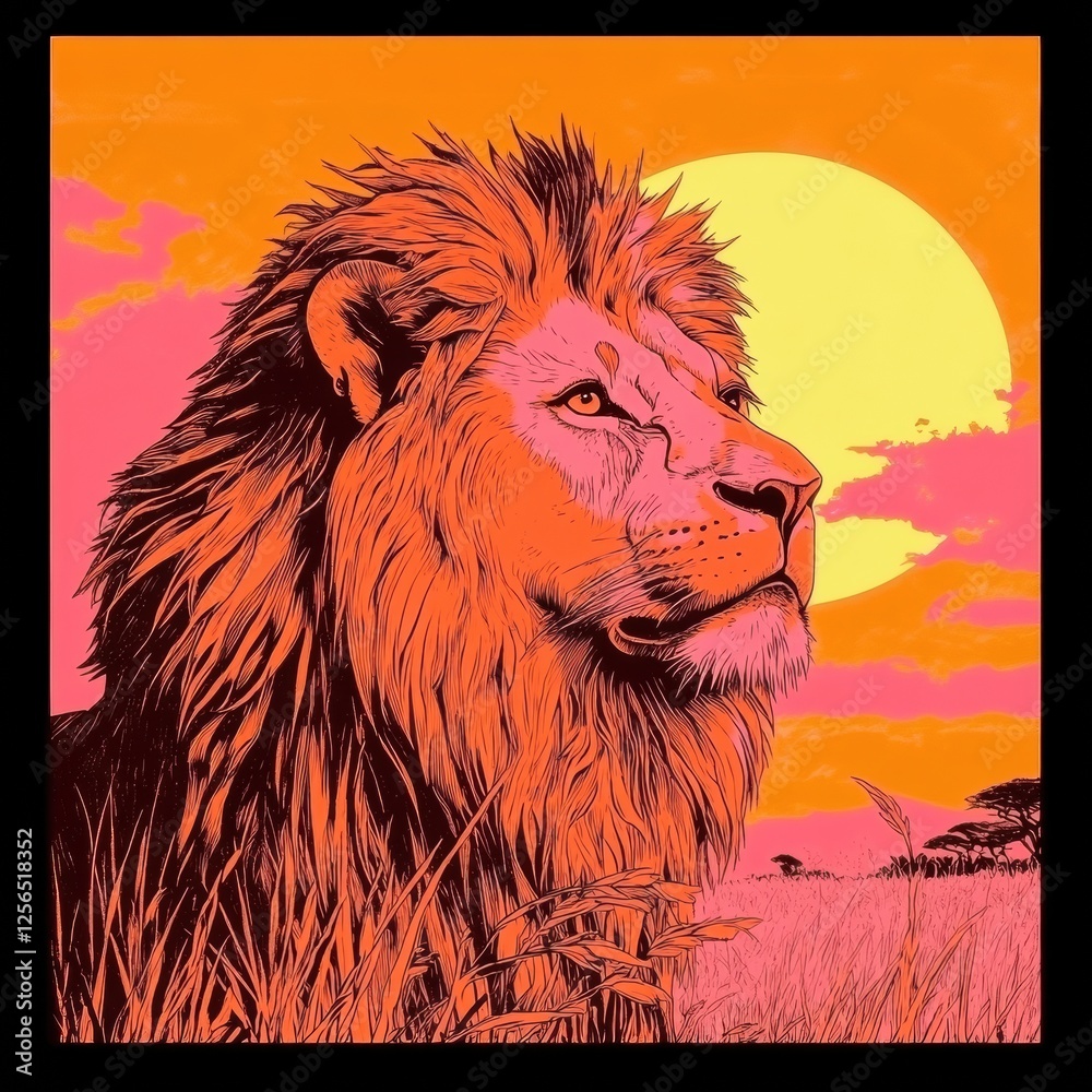 Poster vibrant pop art lion portrait against a sunset backdrop with space for personalized text in bold col