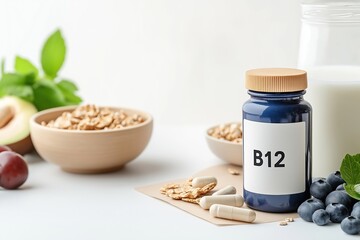 Displaying vitamin b12 supplement capsules alongside nutritious foods like blueberries, milk, cereal, plums, and avocado, highlighting the importance of balanced diets for wellness