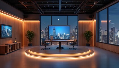 Virtual studio background with movies theme, ideal for online events. Custom 3D render backdrop suited for TV shows, product reviews. Office room interior stage with table, chairs, wooden walls,