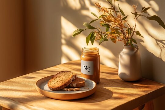 Magnesium supplements, toasts, peanut butter, and a decorative vase on a wooden table create a cozy breakfast scene bathed in warm sunlight