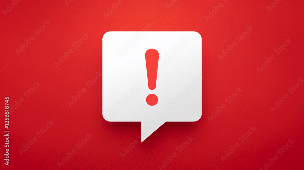 Poster A minimalist alert concept featuring a white exclamation mark in a speech bubble on a red background, symbolizing warning, notification, and urgent information.