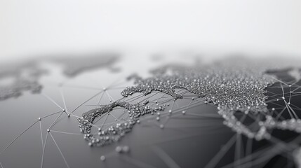 A futuristic abstract representation of a world map created with metallic dots and connecting lines on a gradient background. Ideal for technology and global business concepts. AI generated.
