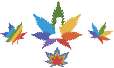 White girl on cannabis background, marijuana leaf, cannabis leaf set, white silhouette of girl, sitting girl