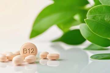 Scattered vitamin b12 tablets on a reflective white surface highlight the essential nutrient's role in energy and health, complemented by vibrant green leaves representing natural wellness