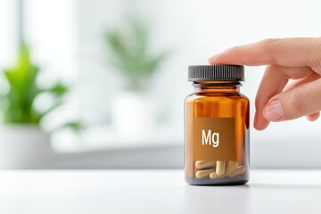 Hand opening a brown bottle of magnesium supplements on a white table, highlighting mineral intake for health and wellness amidst a bright setting with a blurred green plant