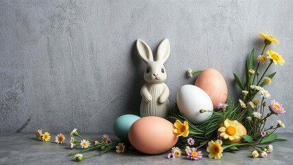 Easter eggs, bunny figurine and spring flowers on grey concrete background, composition, figurine, eggs