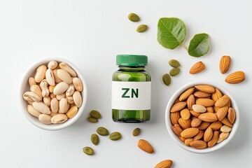 Promoting health and wellness through a minimalistic flat lay of zinc supplements, almonds, pistachios, and pumpkin seeds, emphasizing essential nutrients for balanced living