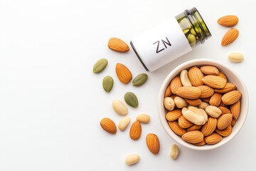 Minimalistic flat lay featuring a labeled bottle of zinc supplements next to a bowl of almonds, peanuts, and cashews, highlighting the significance of dietary zinc for health