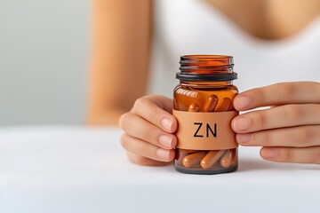 Close up of a woman holding a bottle of zinc supplements, emphasizing the importance of vitamins and minerals for maintaining good health and overall well being