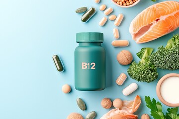 Promoting health and wellness, a vibrant blue background highlights a vitamin b12 supplement bottle alongside capsules and natural food sources like salmon, broccoli, and milk