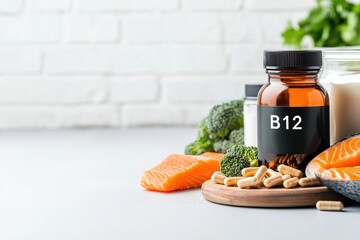 Displaying natural sources of vitamin b12, including salmon, broccoli, and nutritional yeast, alongside b12 supplements and capsules, promoting healthy living and nutrient intake