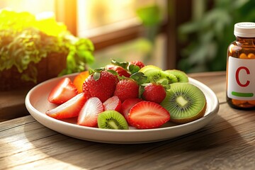 Fresh strawberries and kiwi slices arranged on a white plate, paired with vitamin c supplements, promoting a healthy lifestyle on a rustic wooden table