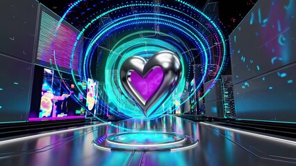 Metallic heart spinning on illuminated stage, rotating against futuristic cityscape with vibrant neon digital screens, symbolizing technological connection and emotion