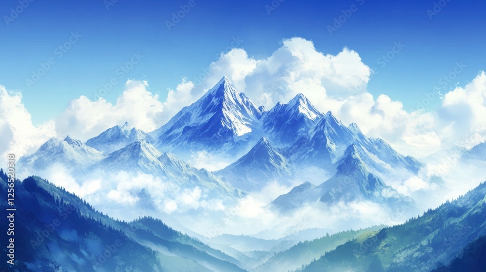 Poster Majestic mountain range under soft clouds with a clear blue sky and space for creative text. Generative AI