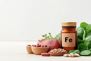 Different iron rich foods like red meat, beans, spinach and parsley are displayed near a bottle of iron supplement pills, promoting healthy eating habits for better iron intake