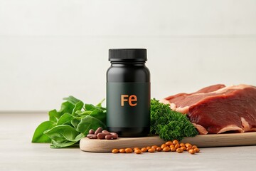 Natural sources of iron or ferrum including red meat, parsley, spinach, lentils and beans are displayed on a wooden cutting board alongside a bottle of iron supplement pills