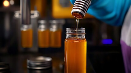 Close-up of honey being poured into a jar with blurred background machinery in a processing facility