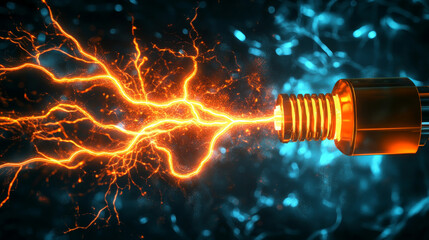 Electric energy icon of power industry. Vector lightning bolt with electric plug and cable swirl isolated symbol of electricity technology. Orange electrical supplies and thunderbolt, power energy