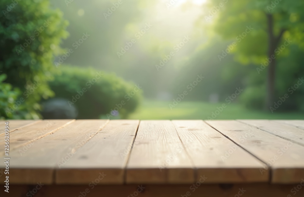 Aufkleber ground level close-up of light oak wood table surface. minimalist surrounding of soft fog filled gar