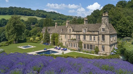 Grand stone manor house with lavender field, pool, and rolling hills.